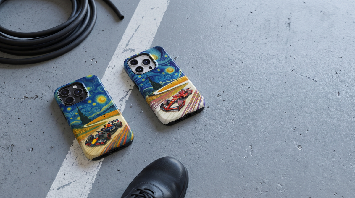 Starry Speed ML and RB Edition iPhone tough cases on painted concrete either side of a workshop line