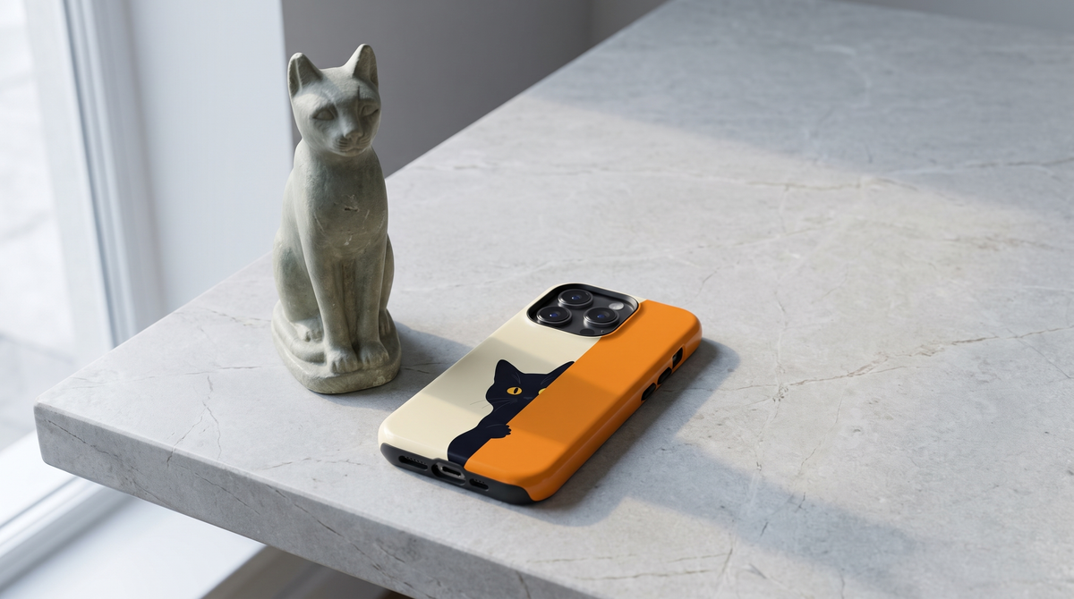 The Curious Cat iPhone tough case on pale stone beside a small carved figure of a seated cat